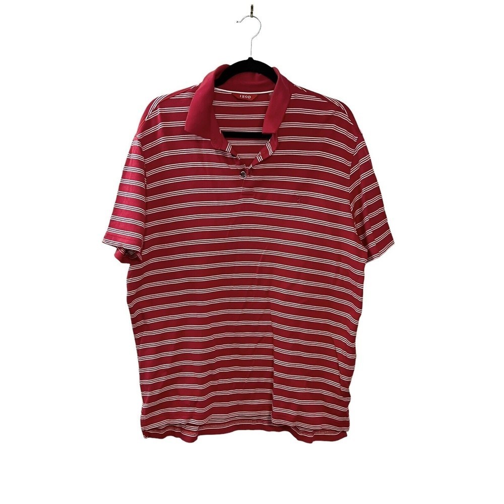 Izod Mens Large Red White Striped Collared Short Sleeve Polo Shirt